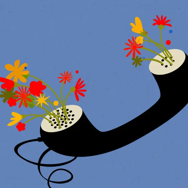 Illustration d'un combiné de téléphone duquel sortent des fleurs