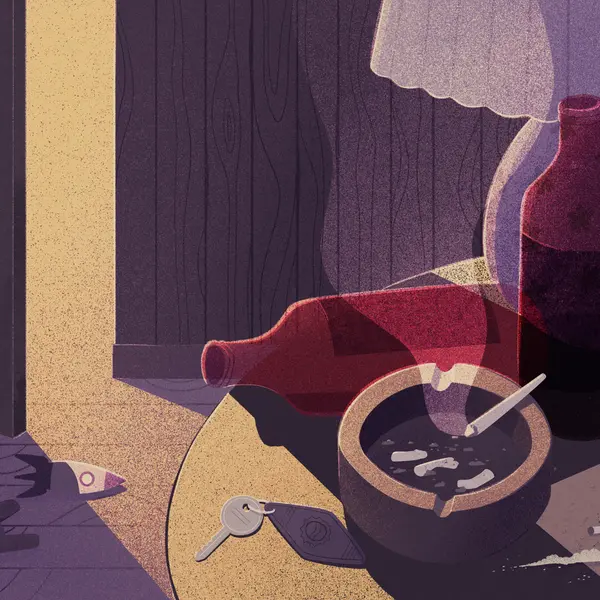 Illustration of a bedside table with an ashtray and bottles with a half-open door in the background