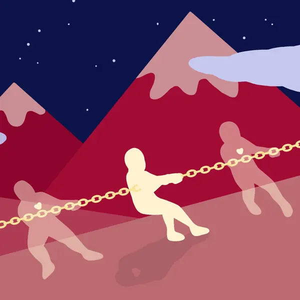 Illustration of 4 silhouettes pulling on a chain, in front of mountains