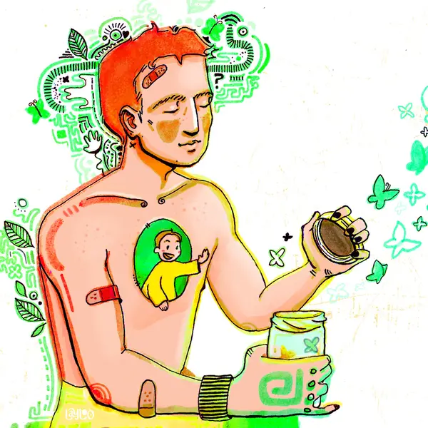 Illustration d'un homme libérant des papillons d'un bocal