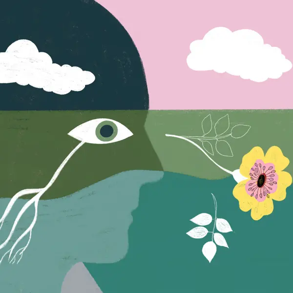 Illustration of a face in profile from which a flower grows