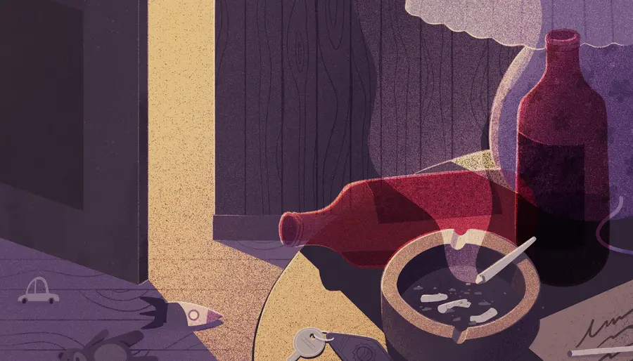Illustration of a bedside table with an ashtray and bottles with a half-open door in the background
