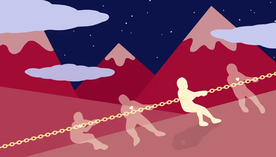 Illustration of 4 silhouettes pulling on a chain, in front of mountains