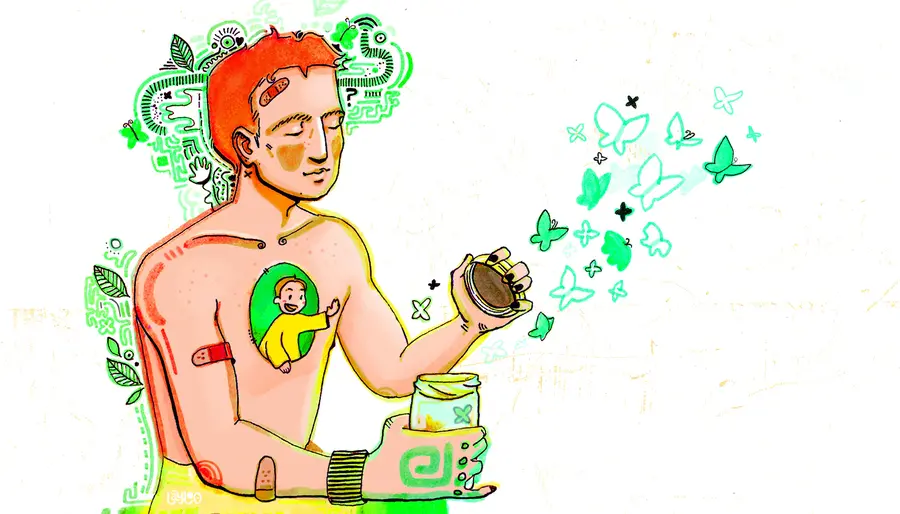 Illustration of a man releasing butterflies from a jar