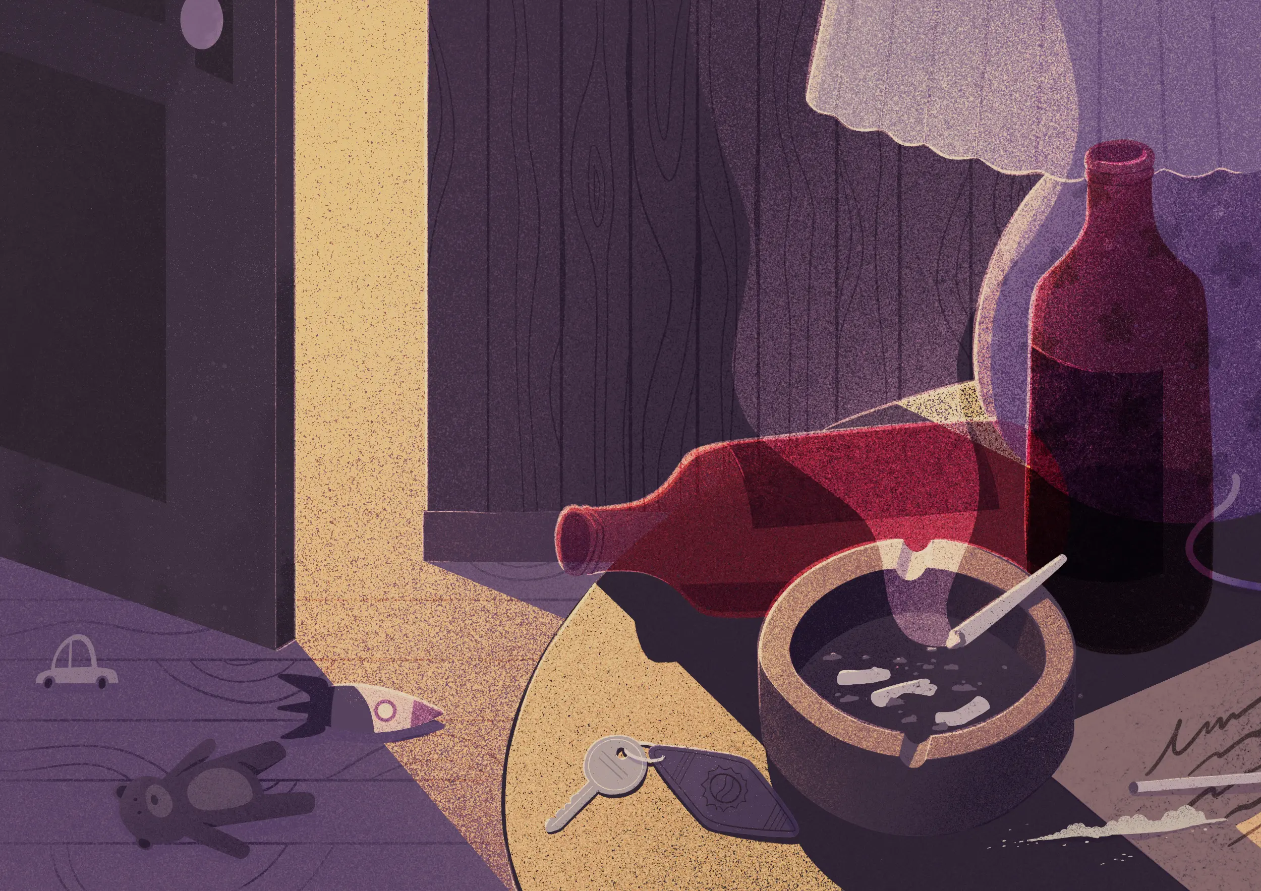 Illustration of a bedside table with an ashtray and bottles with a half-open door in the background