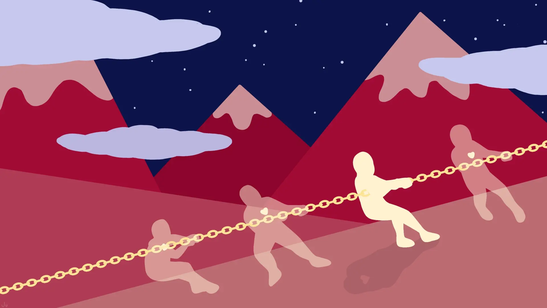 Illustration de 4 silhouettes tirant sur une chaîne, devant des montagnes