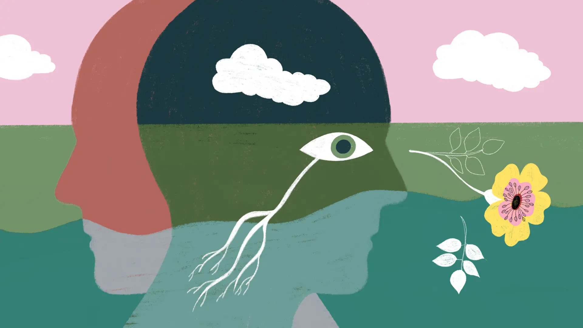 Illustration of a face in profile from which a flower grows